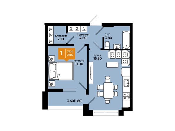 Планировка 1-комн 39 м²