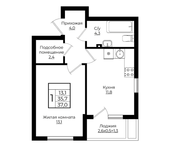 Планировка 1-комн 37 м²