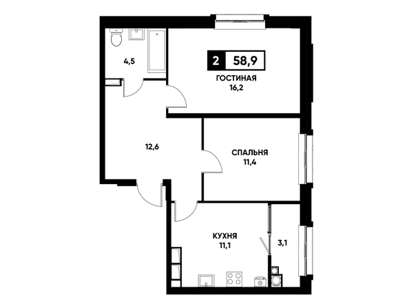 Планировка 2-комн 58,9 м²