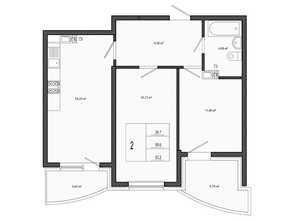 Планировка 2-комн 58,5 м²