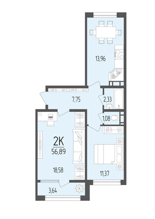 Планировка 2-комн 56,89 м²