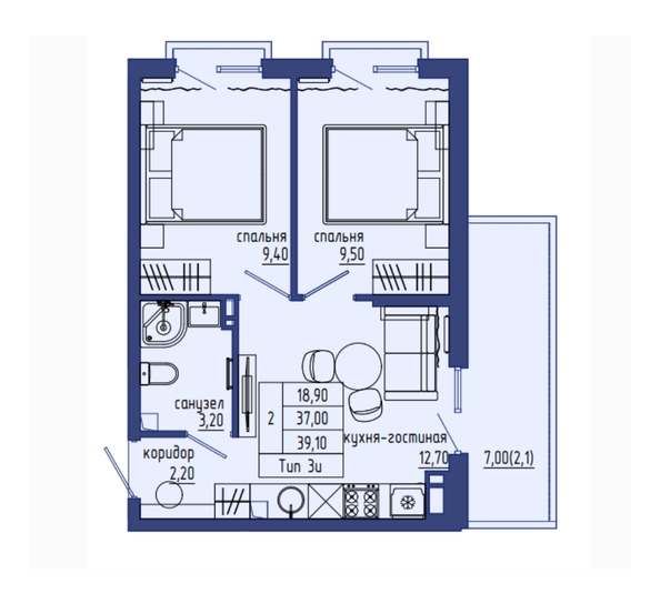 Планировка 3-комн 39,1 м²