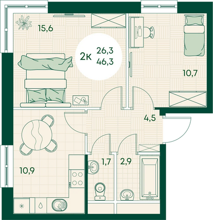 Планировка 2-комн 46,3 м²