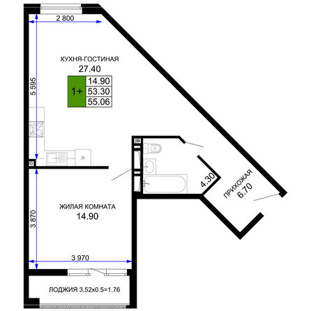 Планировка 1-комн 55,06, 56,08 м²