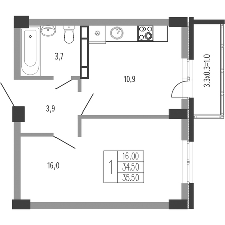 Планировка 1-комн 35,5 м²