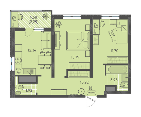 Планировка 2-комн 56,93 м²