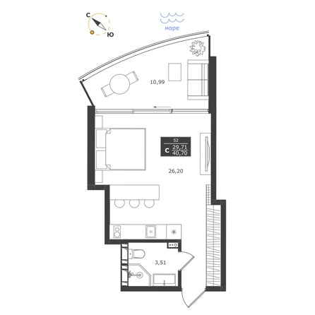 Планировка Апартамент 40,7, 40,76 м²