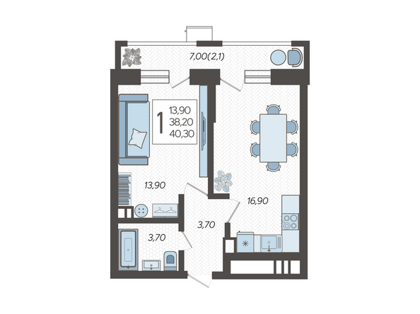 Планировка 1-комн 40,3 м²