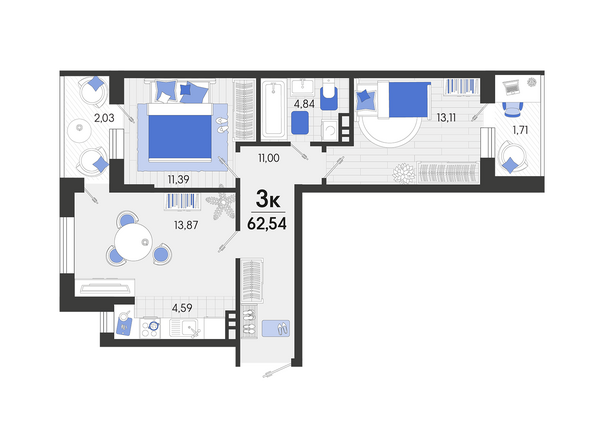 Планировка 2-комн 62,54 м²