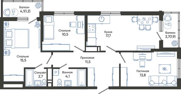 Планировка 3-комн 78,9 - 91,1 м²