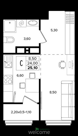Планировка 1-комн 25,1 м²
