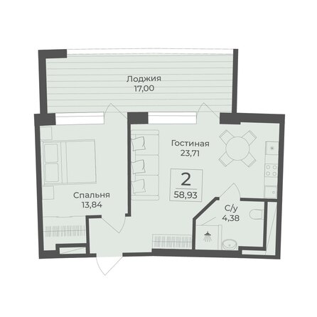 Планировка 2-комн 58,93 м²