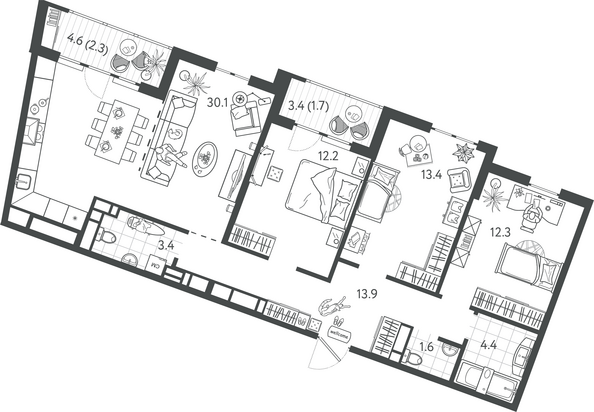 Планировка 3-комн 95,3 м²