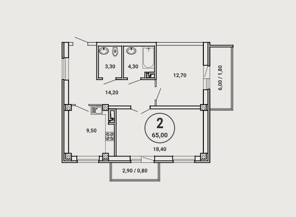 Планировка 2-комн 65 м²