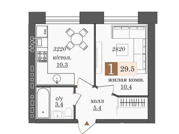 Планировка 1-комн 29,4, 29,5 м²