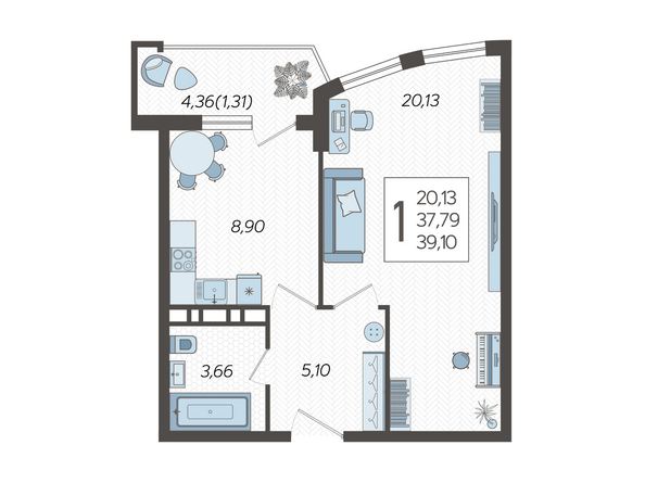 Планировка 1-комн 39,1 м²