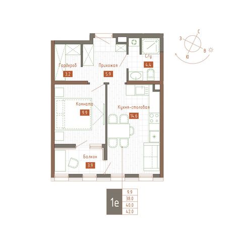 Планировка 1-комн 40, 40,2 м²