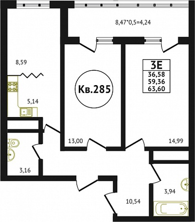 Планировка 2-комн 63,6 м²