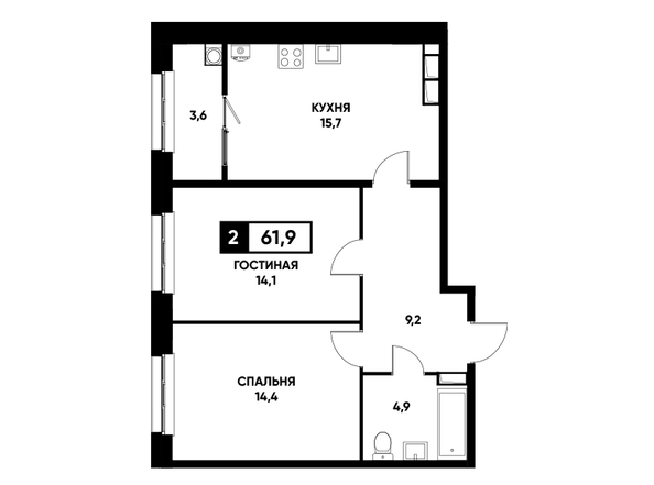 Планировка 2-комн 61,9 м²