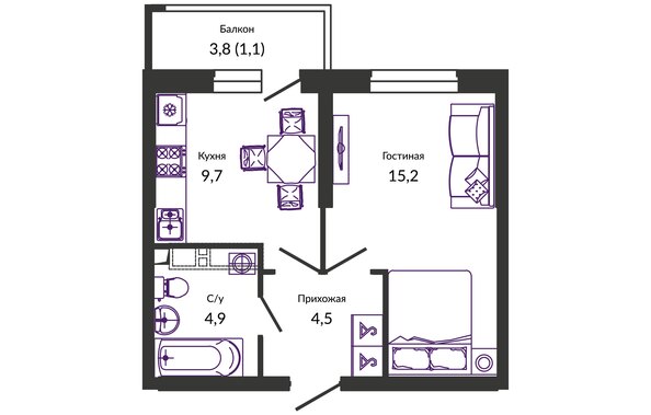Планировка 1-комн 35,4 м²