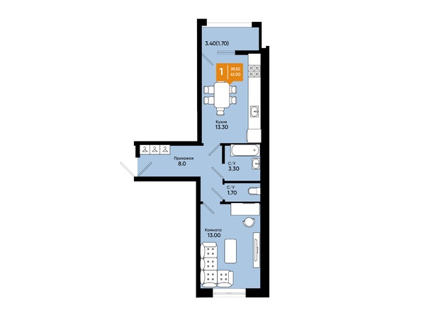 Планировка 1-комн 41 м²