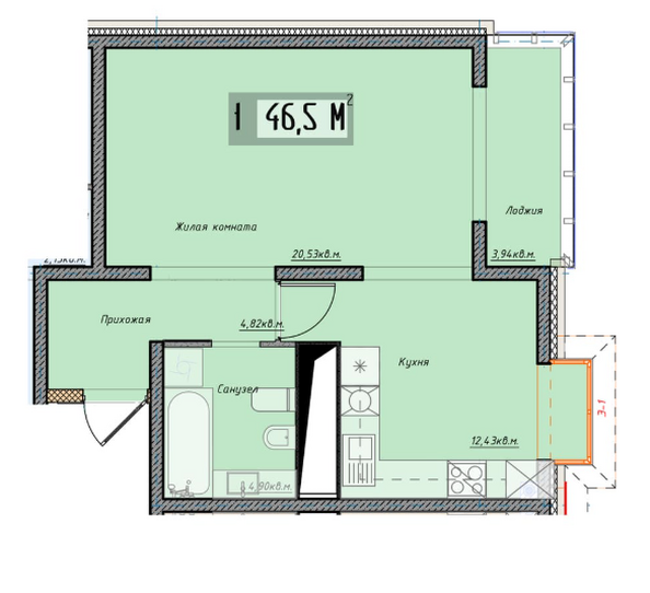 Планировка 1-комн 46,5 м²