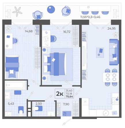 Планировка 2-комн 75,64 м²