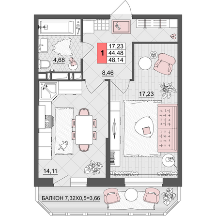 Планировка 1-комн 48,14 м²