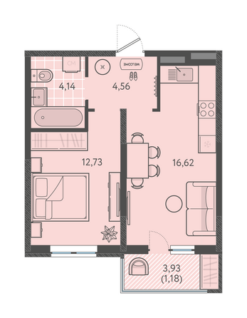 Планировка 1-комн 39,23 м²