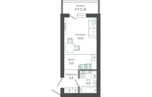 Планировка 1-комн 26,3 м²