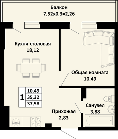 Планировка 1-комн 37,58 м²