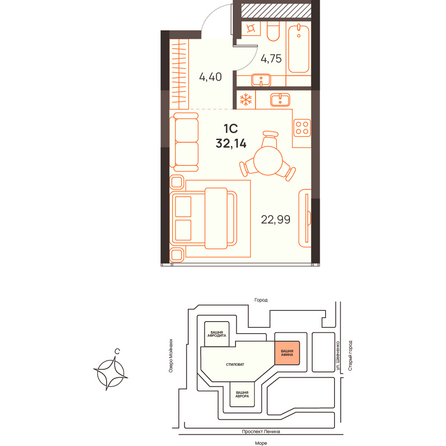 Планировка Студия 32,14 м²