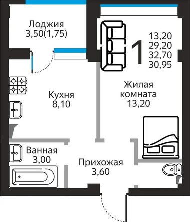 Планировка 1-комн 30,95 м²