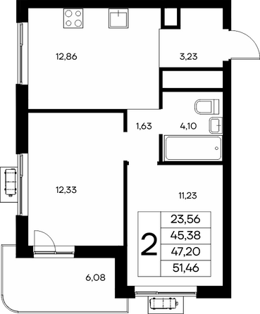 Планировка 2-комн 51,41 - 51,79 м²