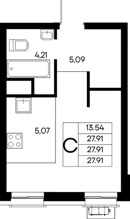 Планировка 1-комн 27,91 - 31,69 м²