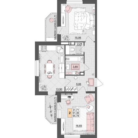 Планировка 2-комн 64,78 м²