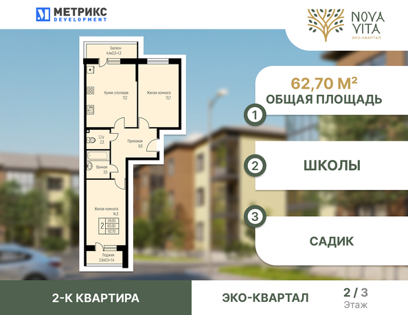 Планировка 2-комн 62,4, 62,7 м²