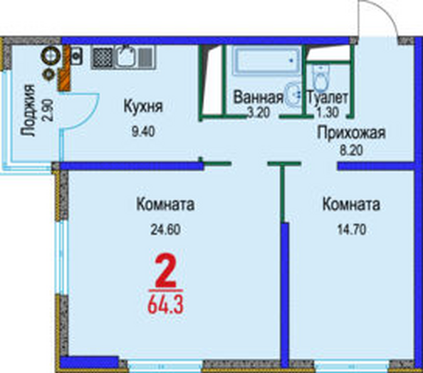 Планировка 2-комн 64,3 м²