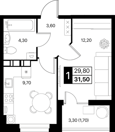 Планировка 1-комн 31,5 - 32,5 м²