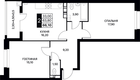 Планировка 2-комн 66,1 м²