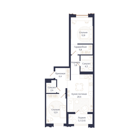 Планировка 2-комн 70,4 м²