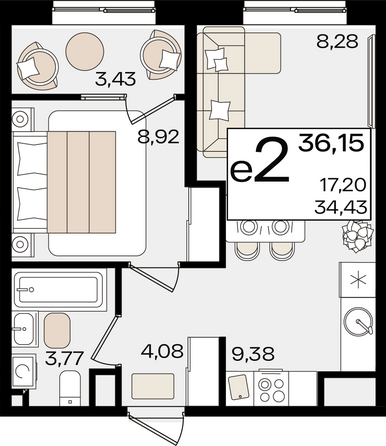 Планировка 2-комн 36,15 м²