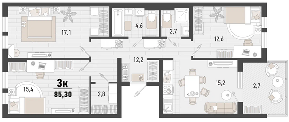Планировка 3-комн 85,1, 85,3 м²