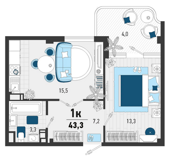 Планировка 1-комн 43,3 м²