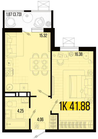 Планировка 1-комн 41,88 м²
