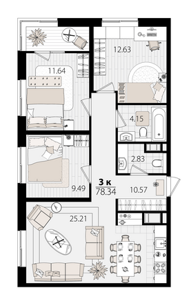 Планировка 3-комн 78,09 м²