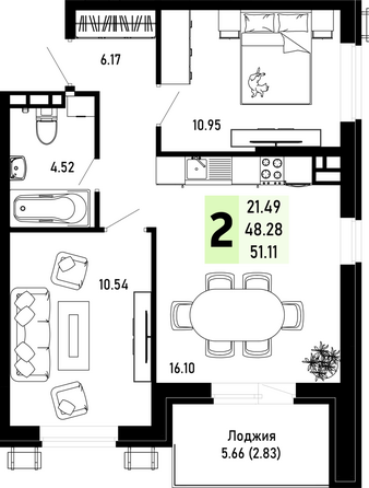 Планировка 2-комн 51,11 м²