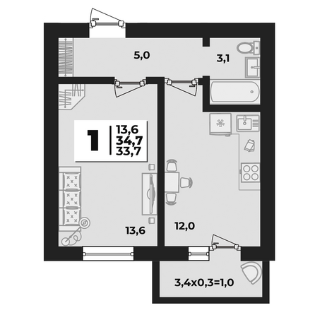 Планировка 1-комн 34,7 м²
