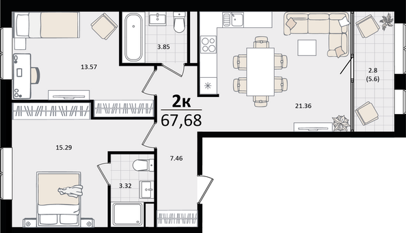 Планировка 2-комн 67,68 м²