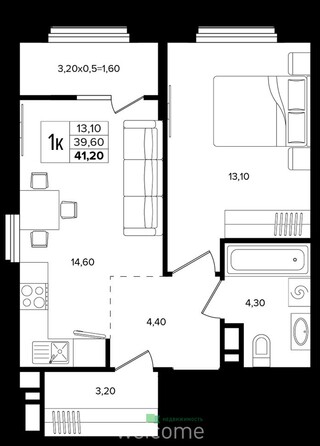 Планировка 1-комн 41,2 м²